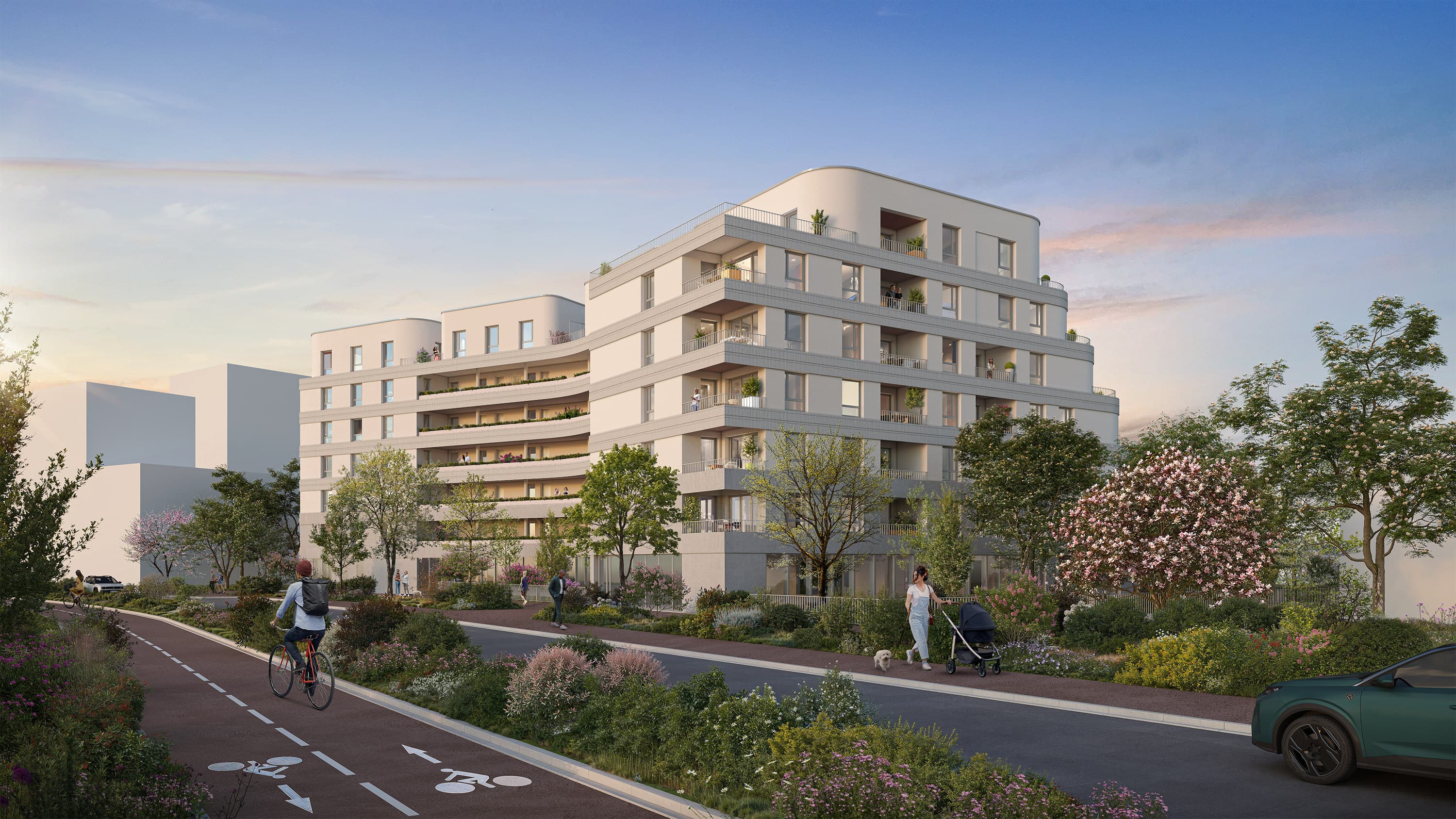 Vue sur la venelle piétonne et les espaces verts